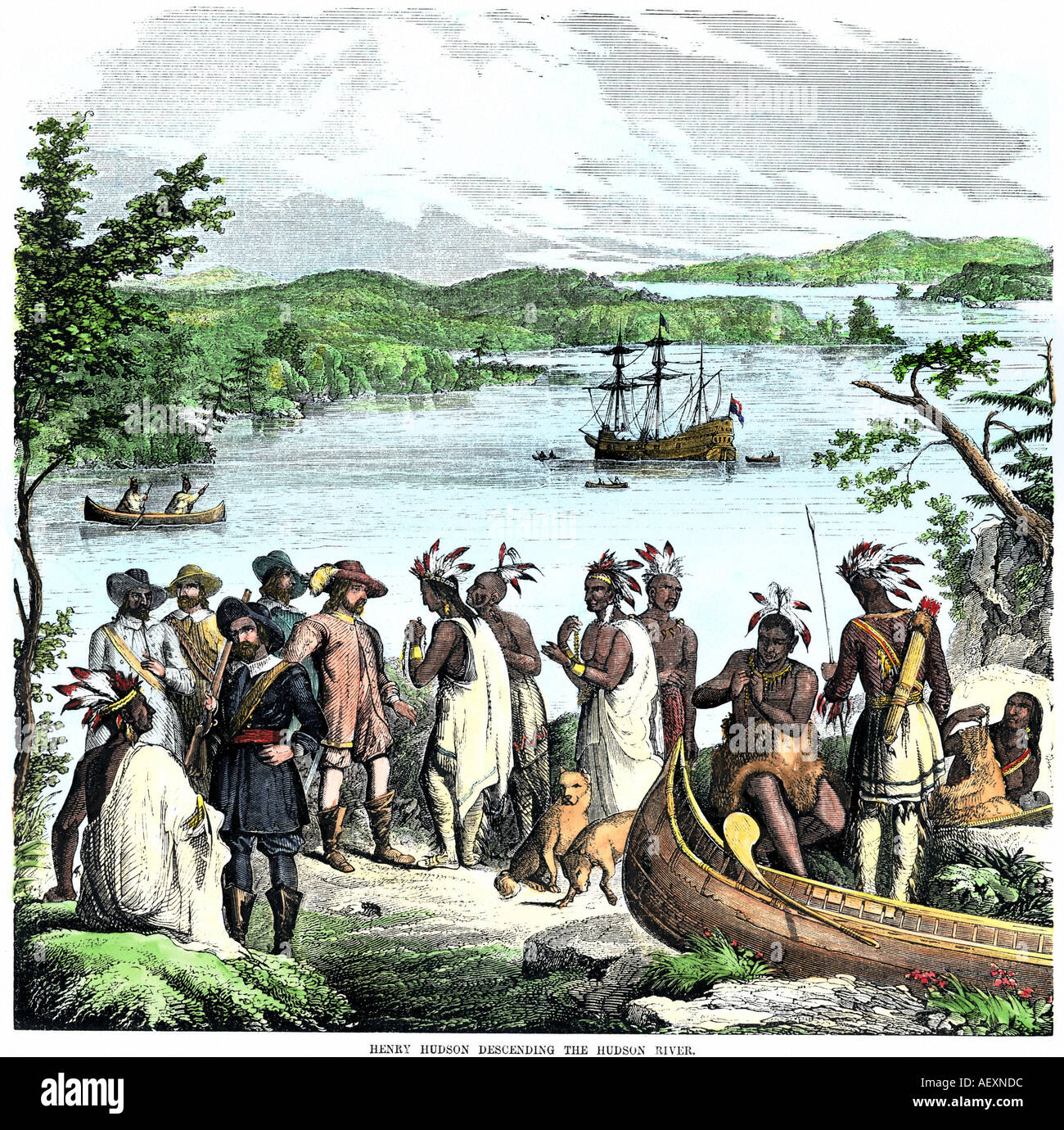 Henry Hudson meeting with Native Americans along the Hudson River 1609. Hand-colored woodcut Stock Photo
