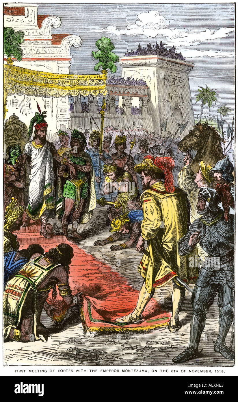 Meeting of Hernando Cortes and Aztec emperor Montezuma II in Tenochtitlan 1519. Hand-colored woodcut Stock Photo