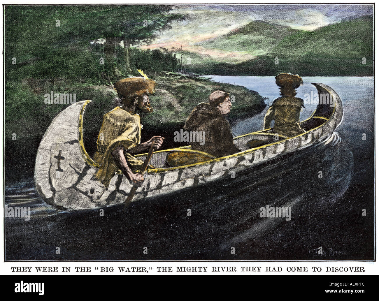 Father Jacques Marquette and Louis Joliet in a canoe on the upper