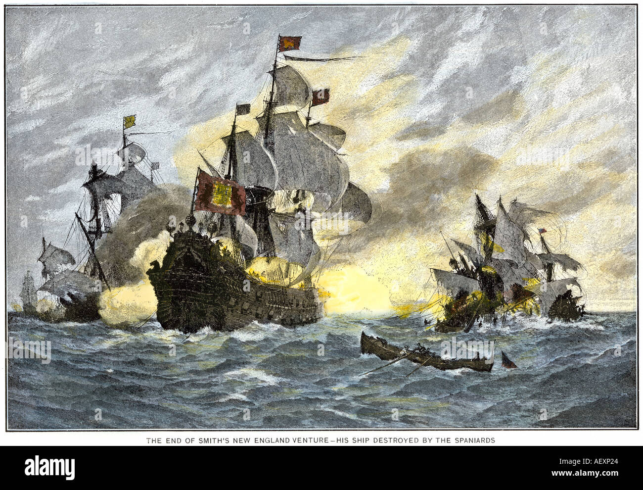 Destruction of John Smiths ship by pirates ending his New England venture. Hand-colored woodcut Stock Photo