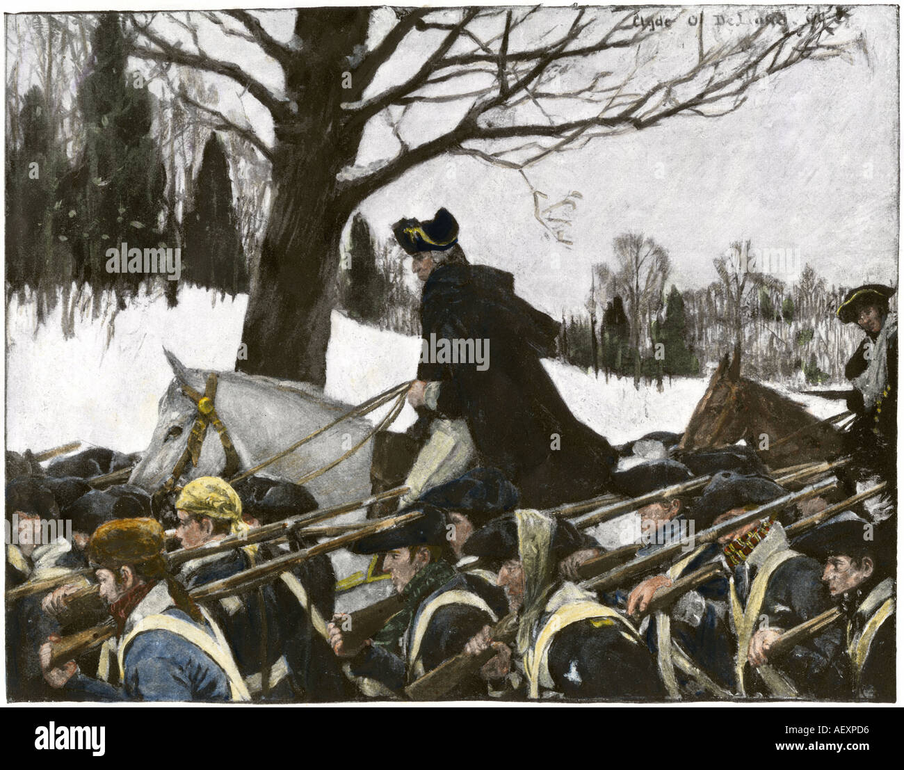 General George Washington leading the Continental Army to Valley Forge winter camp. Hand-colored halftone of an illustration Stock Photo