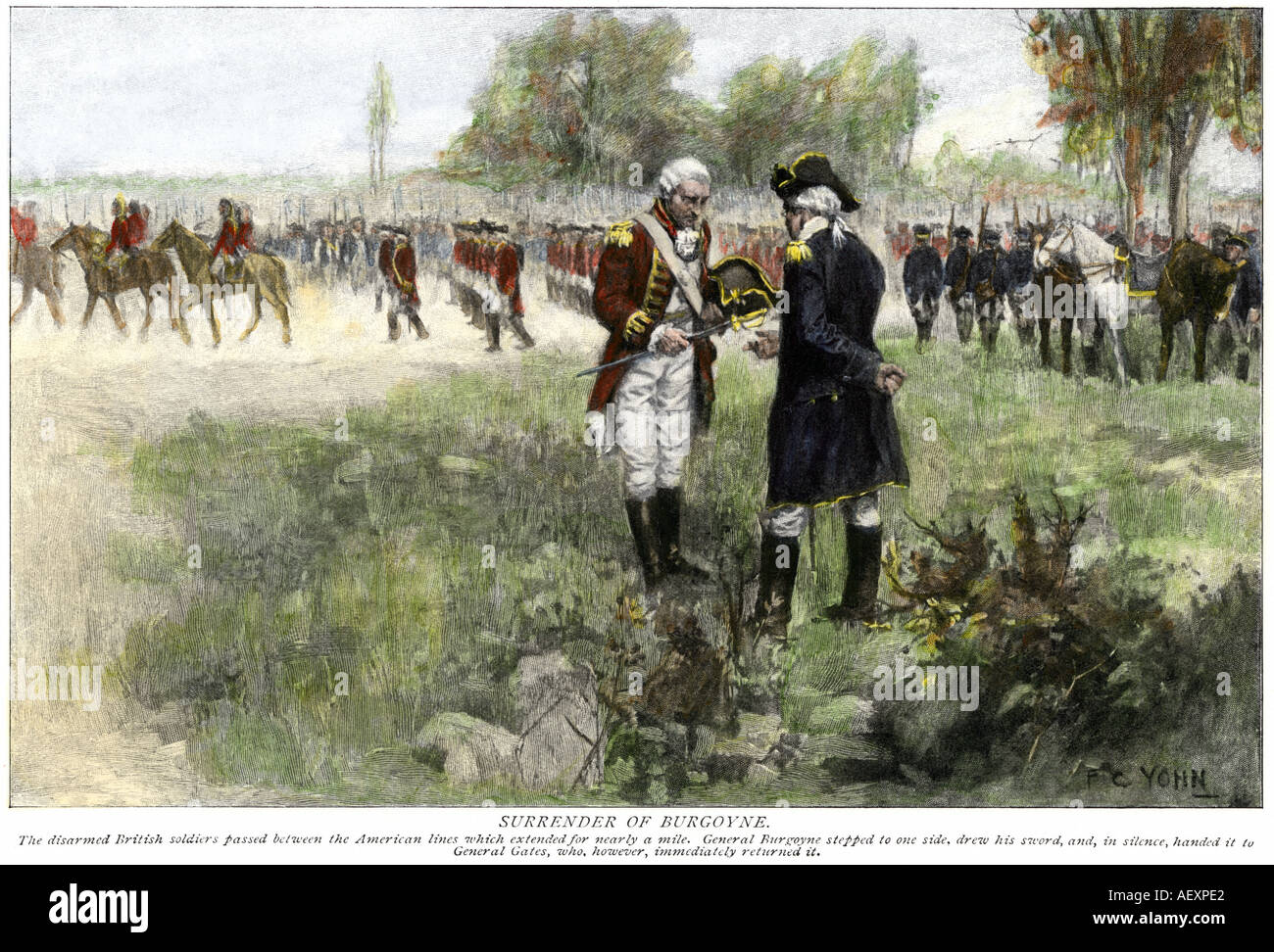 Surrender of British commander John Burgoyne to American General Horatio Gates at Saratoga NY 1777. Hand-colored woodcut of an F.C. Yohn illustration Stock Photo
