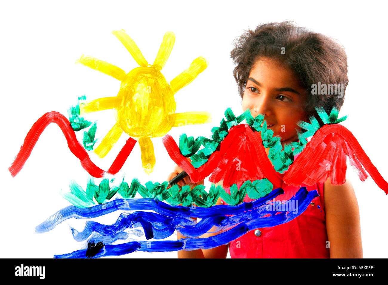 Child painting on glass - Model Release # 191 Stock Photo