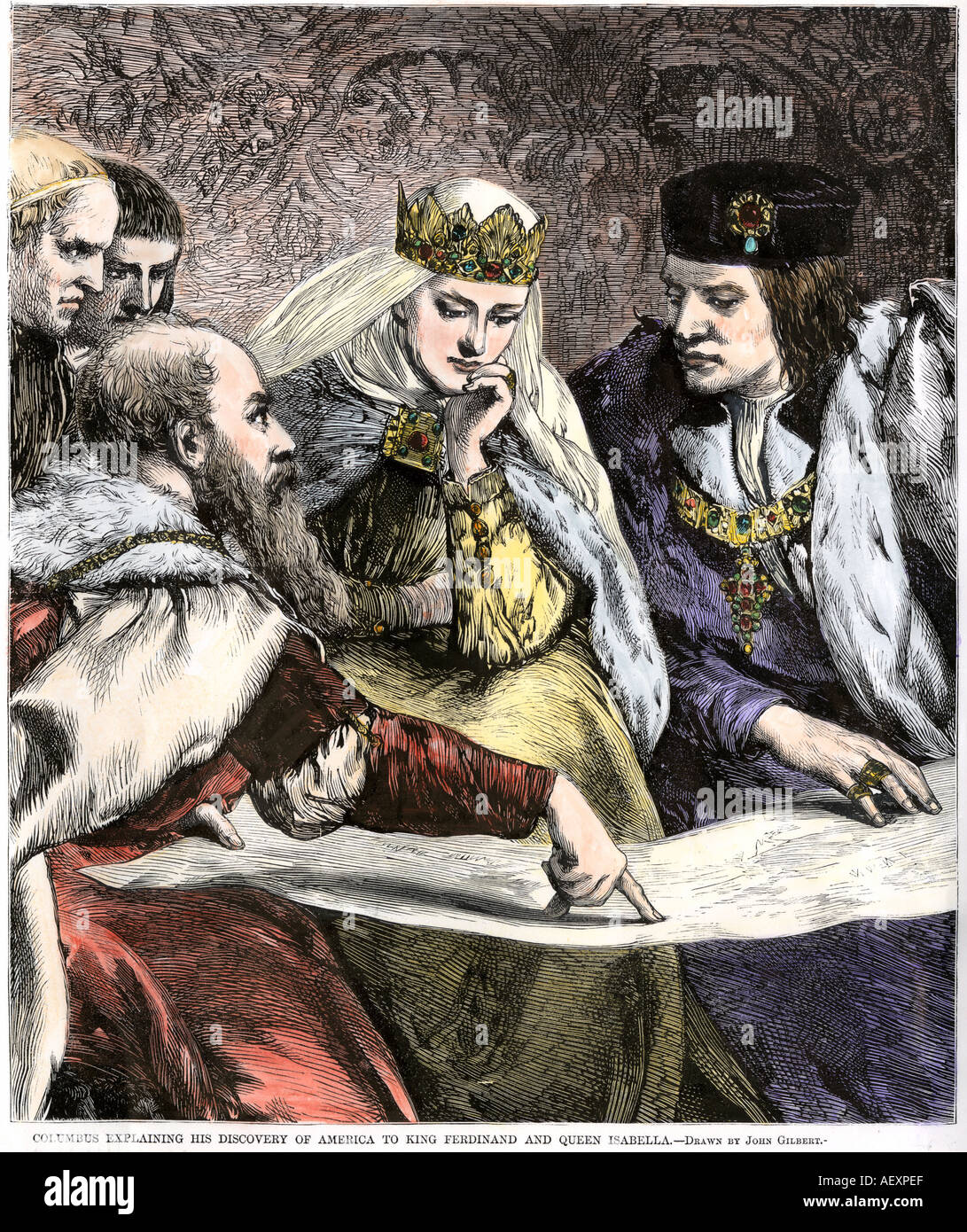 Columbus explaining a map to King Ferdinand and Queen Isabella of Spain. Hand-colored woodcut Stock Photo