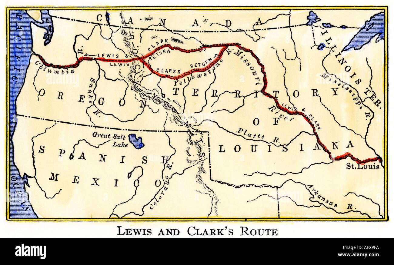 Map of the Lewis and Clark route across Louisiana Territory 1804 to 1806. Hand-colored woodcut Stock Photo
