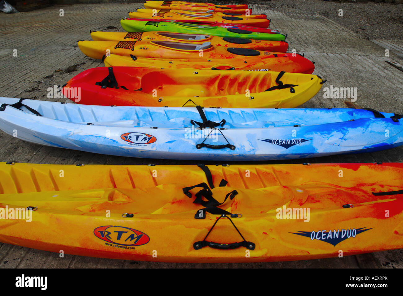 Colourful Kayaks in a Row Stock Photo Alamy