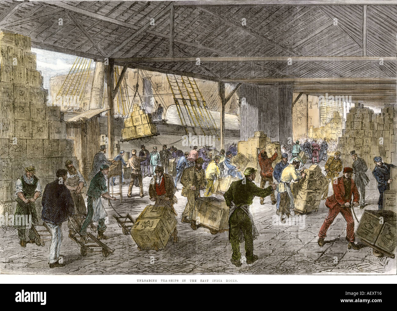 Unloading tea ships in the British East India Company docks in London 1860s. Hand-colored woodcut Stock Photo