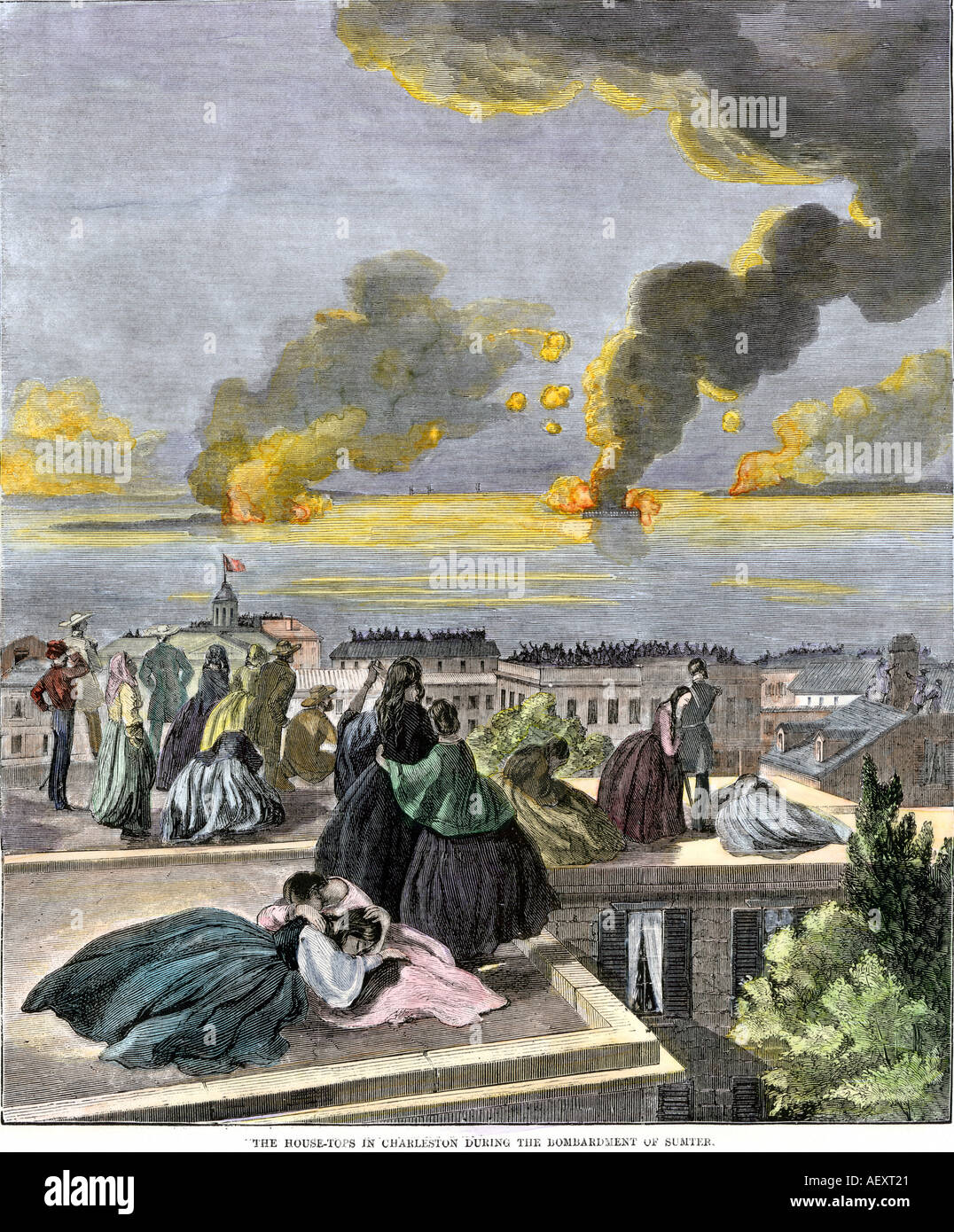 Citizens of Charleston watching the Confederate bombardment of Fort Sumter starting the American Civil War 1861. Hand-colored woodcut Stock Photo