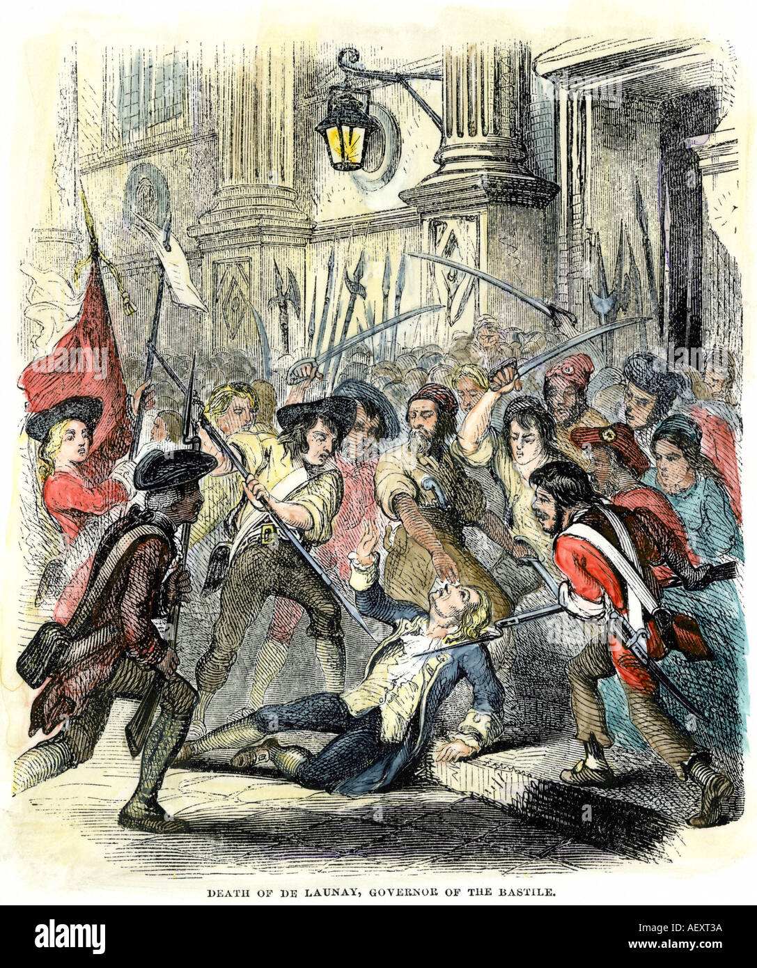 Death of De Launay governor of the Bastille at the hands of a mob in the French Revolution 1789. Hand-colored woodcut Stock Photo