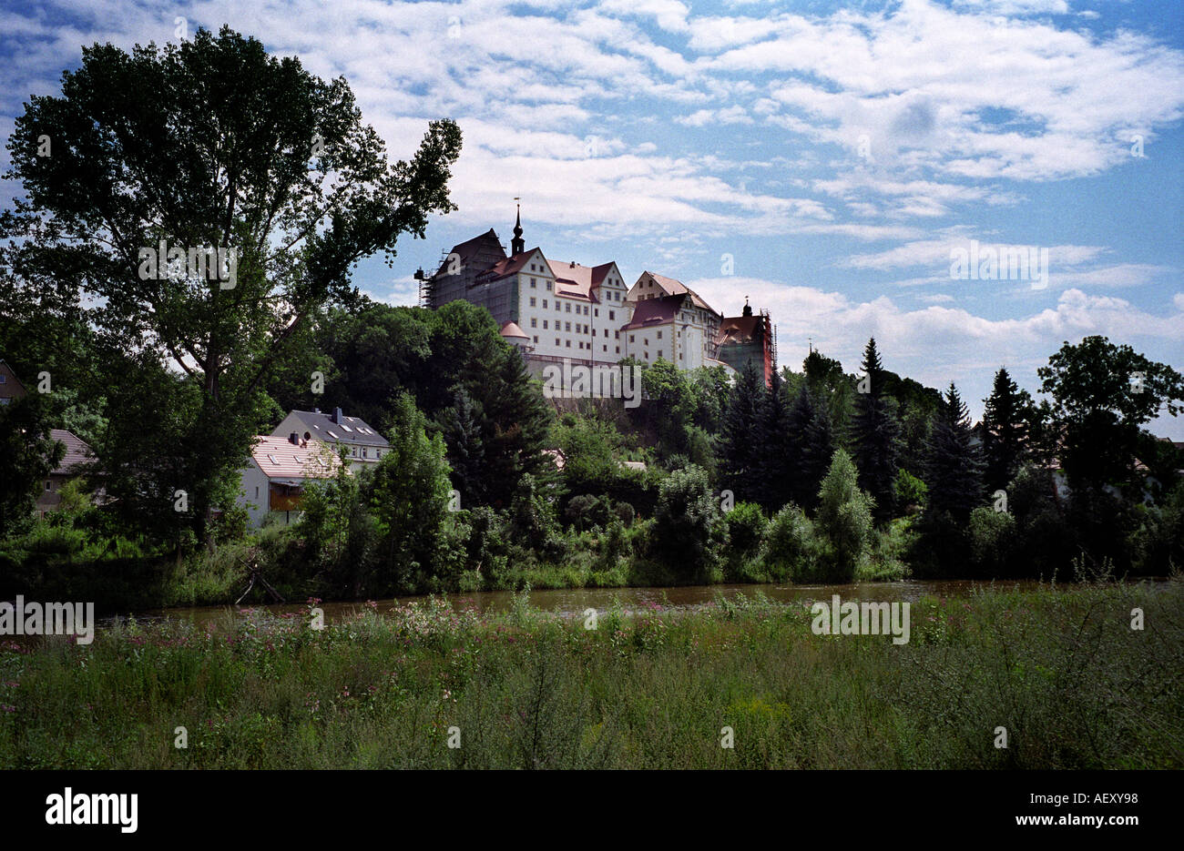COLDITZ CASTLE Germany. OFFICERS POW CAMP  DURING WW11. Looking up from field where escaping prisoners expected to land Glider. Stock Photo