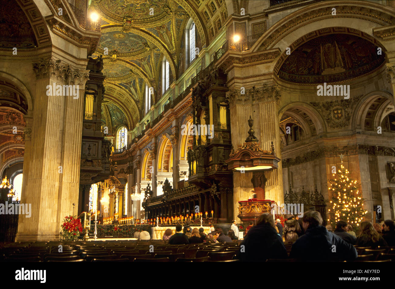 St Pauls Cathedral interior with people at Christmas time London