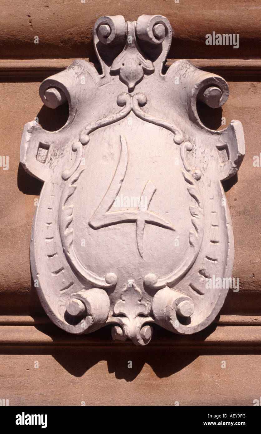 Number 4 Ornamented building street address plate, Bloomsbury, London