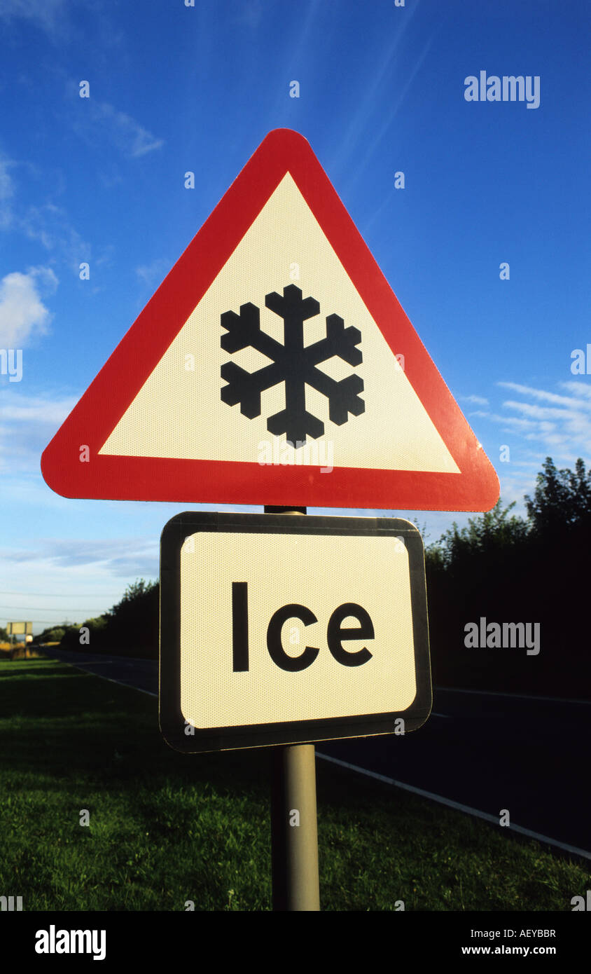 sign on country road warning of ice on road surface uk Stock Photo