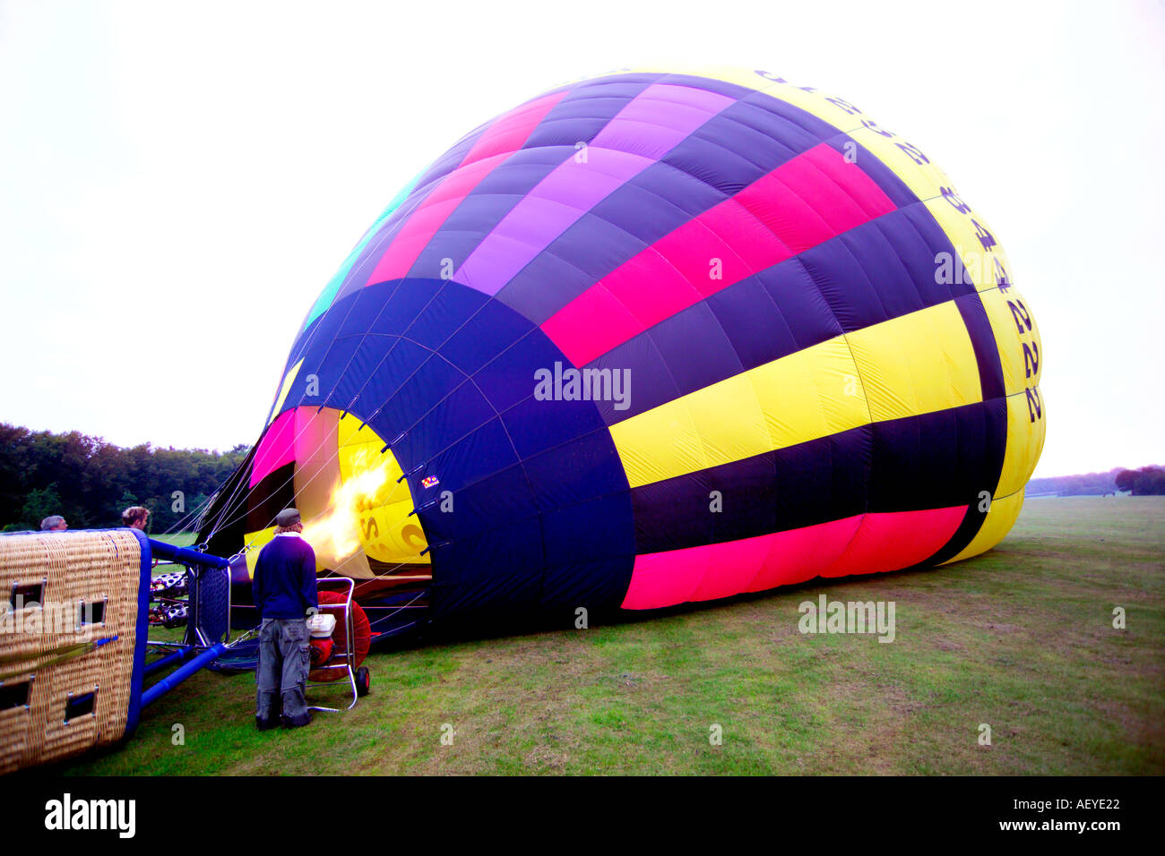 Hot air balloon being inflated Stock Photo