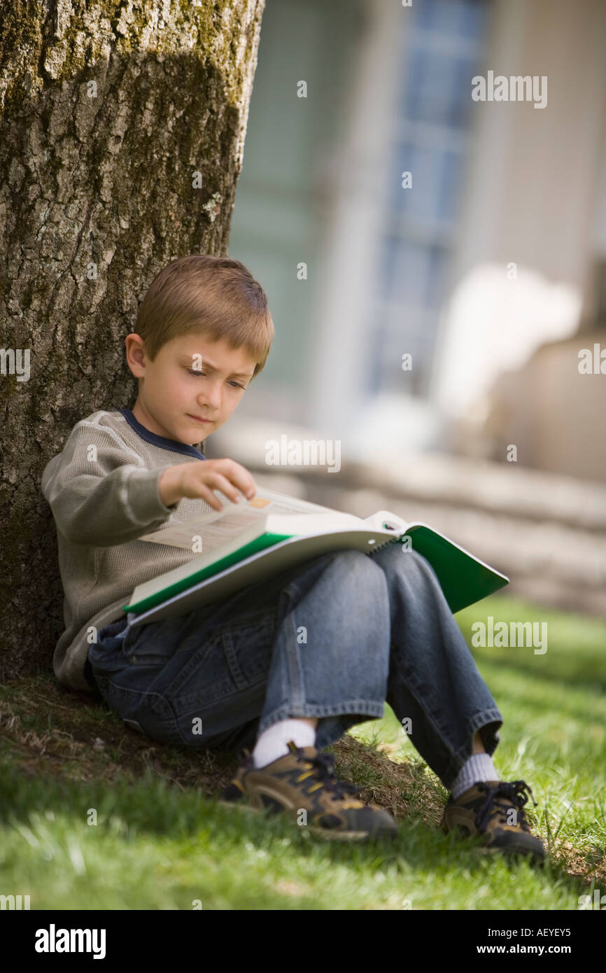 Young boy reading under a tree Stock Photo Alamy
