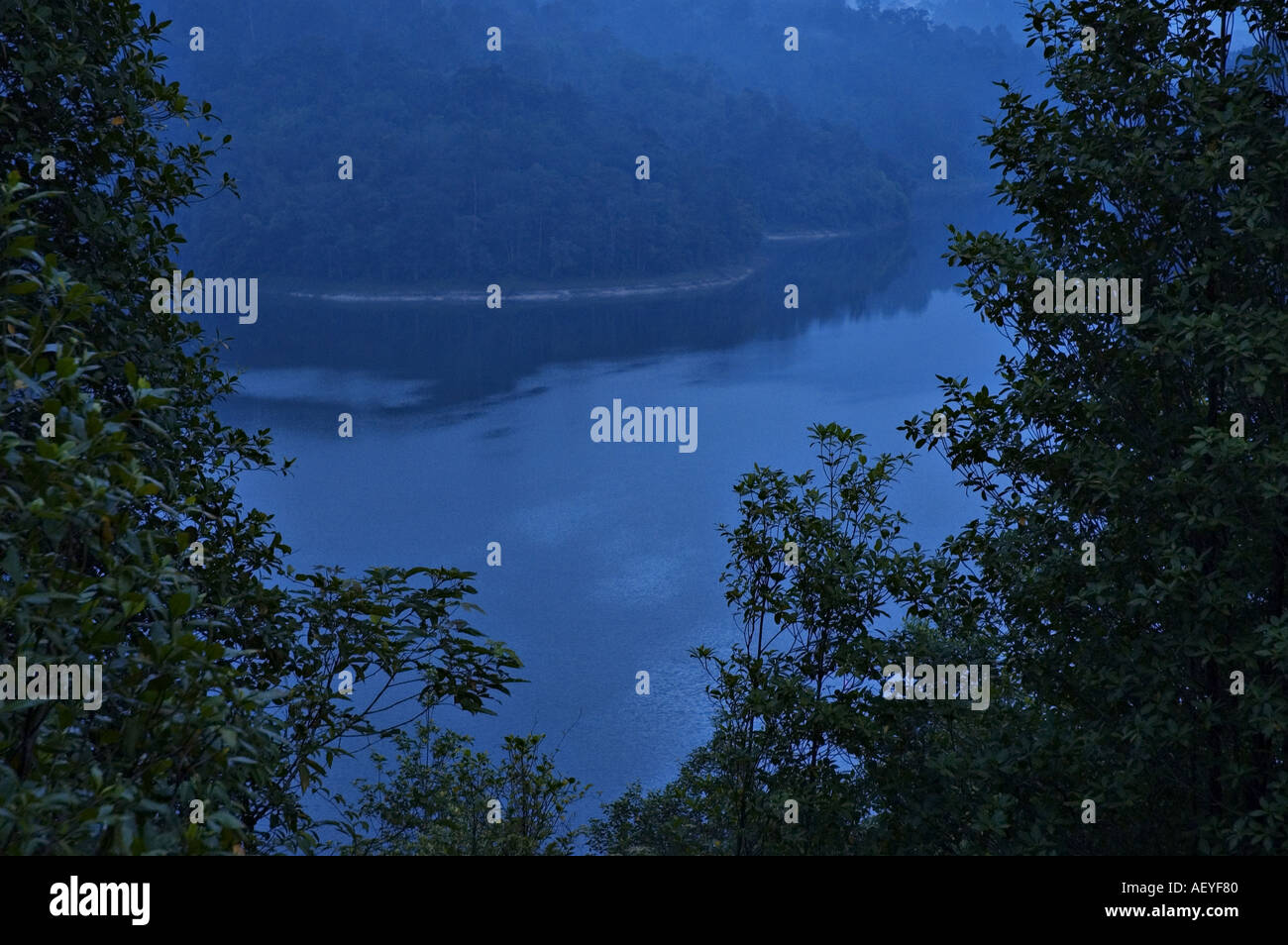 Dawn view of Klang Gates dam from Bukit Tabur quartz rock ridge Stock Photo