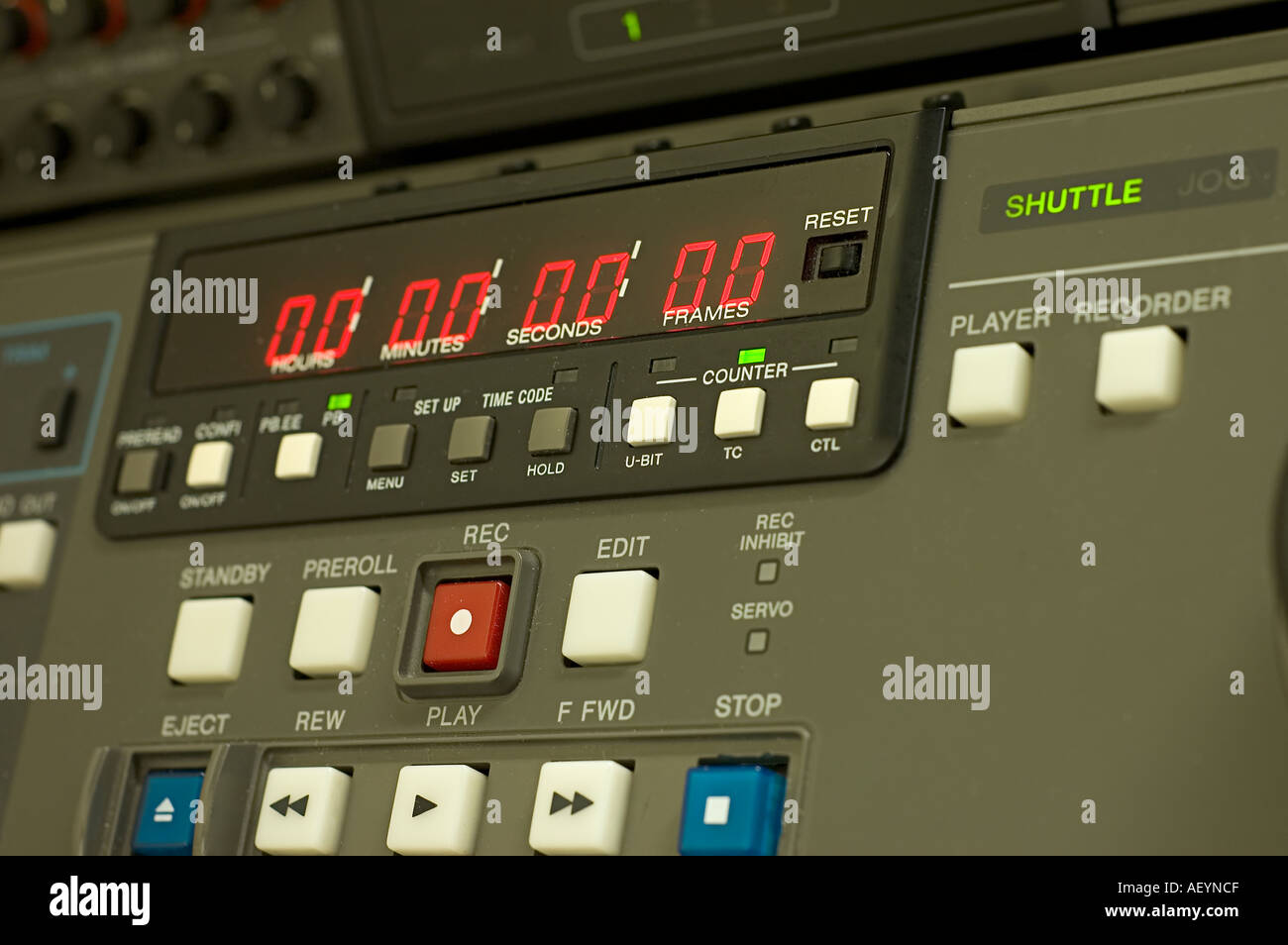 Digital video tape deck control panel close up with wide DOF Stock
