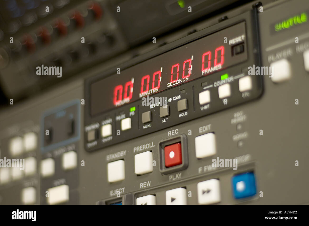 Digital video tape deck control panel close up with focus on record