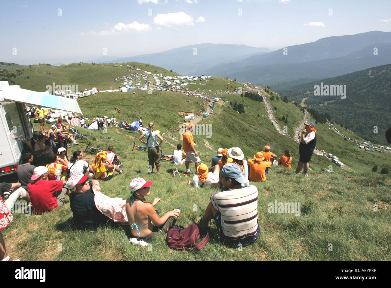Tour de france fans camp out on the mountain and wait for their cycling heros Stock Photo