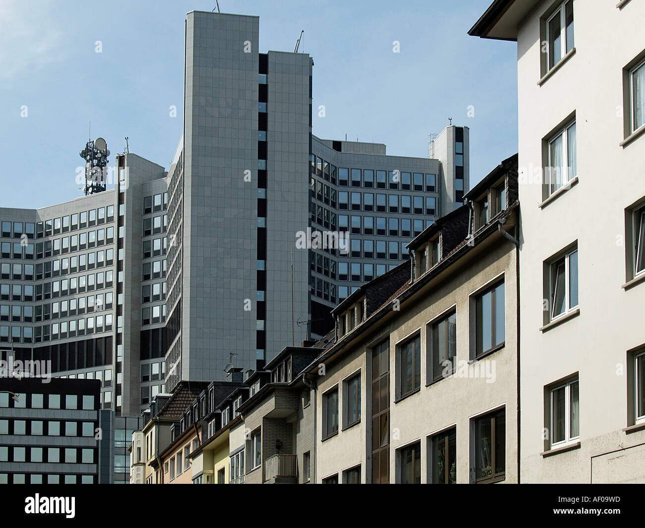 storefronts of flats from the fifties from the time after second wolrd war and facades of modern houses in the city of Essen Stock Photo