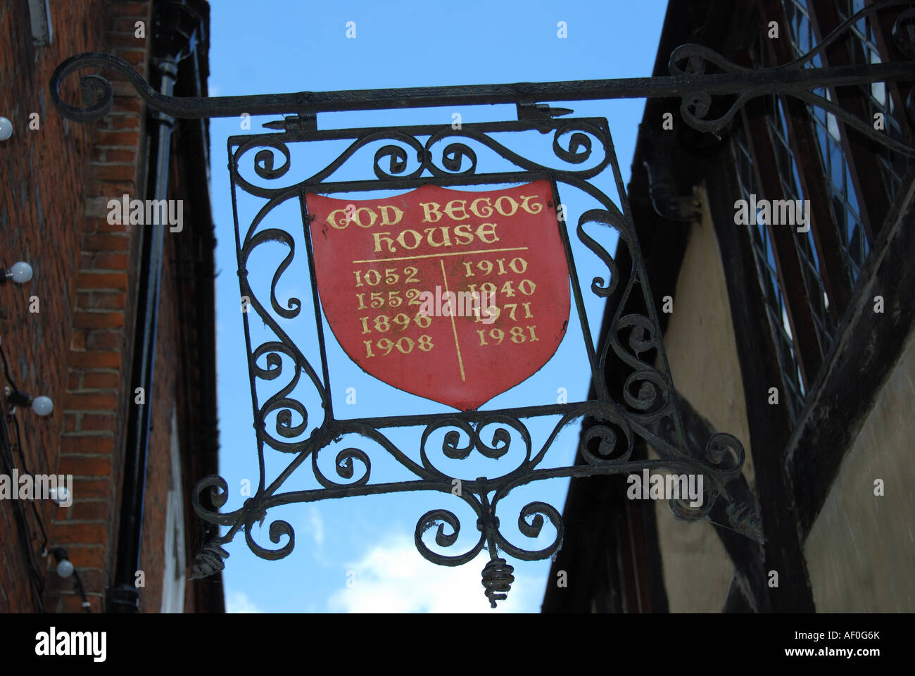 God Begot House sign, High Street, Winchester, Hampshire, England, United Kingdom Stock Photo