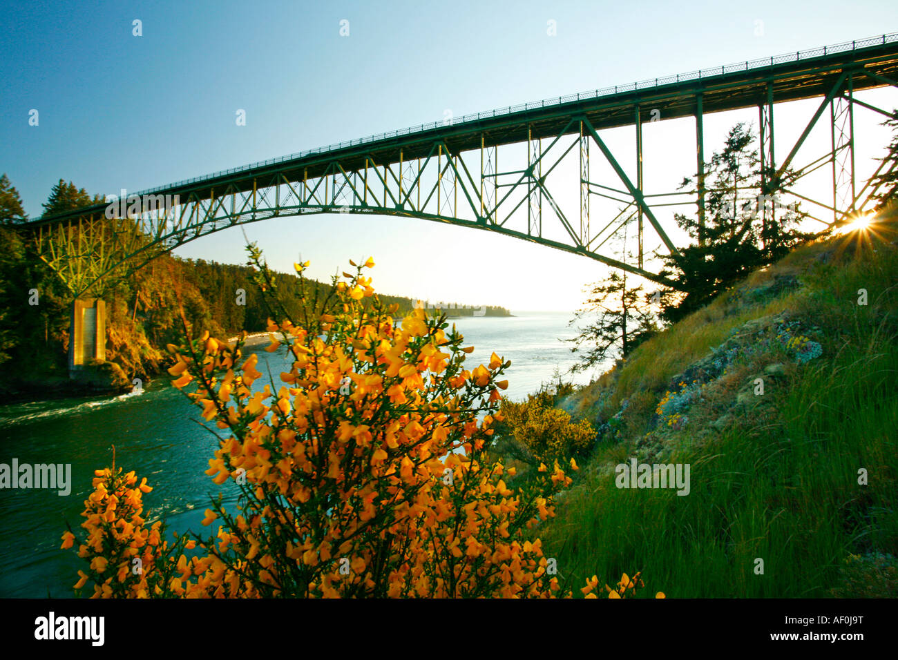 Deception Pass bridge at sunset, Whidbey Island, Washington State Stock Photo