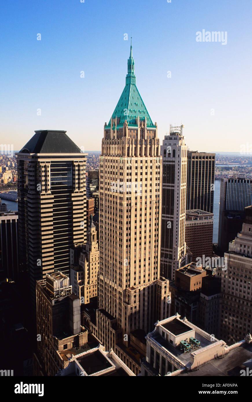 40 Wall Street, The Trump Building and 60 Wall Street, Deutsche Bank, New York City, Financial District, Art Deco architecture. Elevated view. Finance Stock Photo