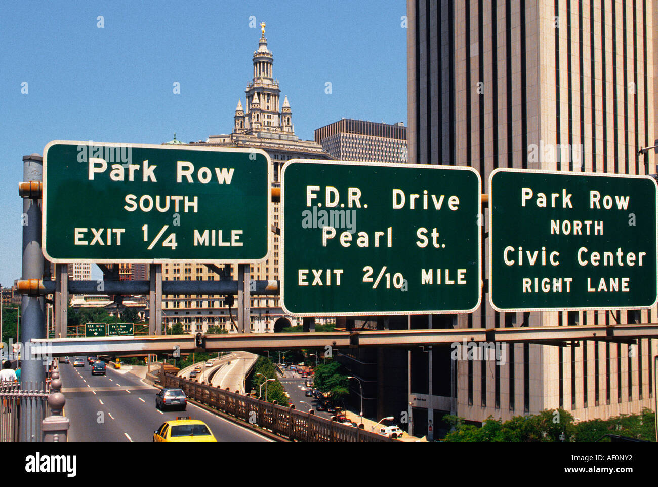 New York City Lower Manhattan exit traffic ramp from Brooklyn Bridge. Signs Park Row FDR Drive Civic Center. Overhead view Stock Photo