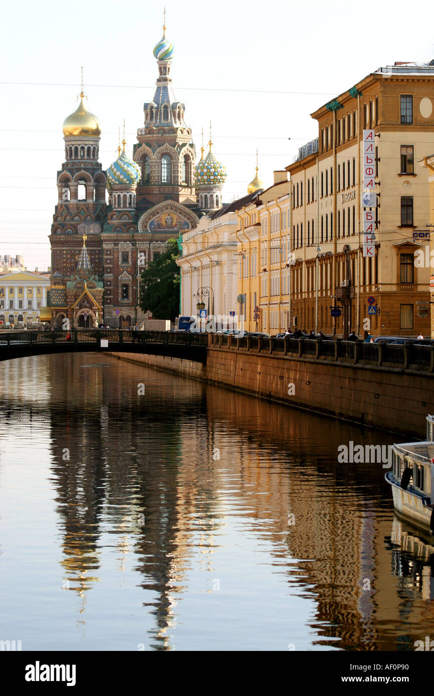 Church of the Resurrection or Saviour of the Blood reflected in a canal in St Petersburg Russia 2005 Stock Photo