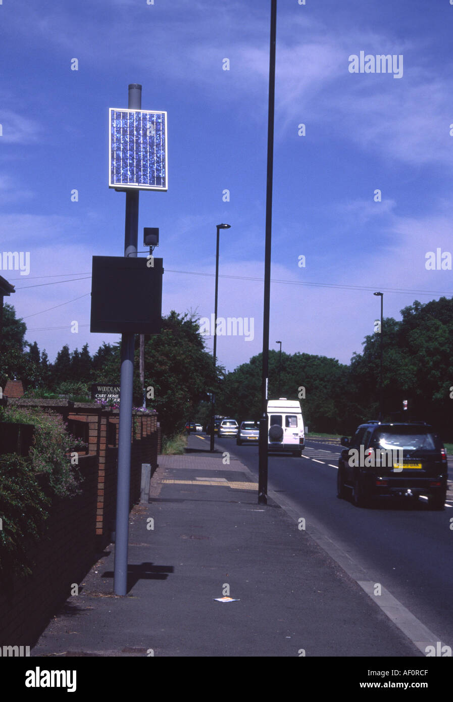 Solar traffic sign showing maximum speed limit on British road, UK Stock Photo
