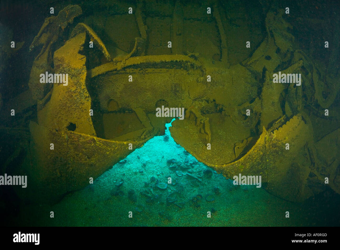 Torpedo explosion damage to hull of Fujikawa Maru Truk Lagoon Chuuk ...