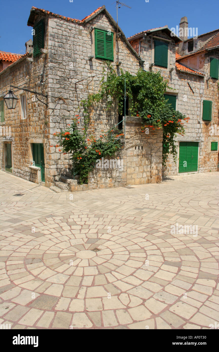 Cobblestone Skor square in Stari Grad on Hvar island, Dalmatia in Croatia Stock Photo