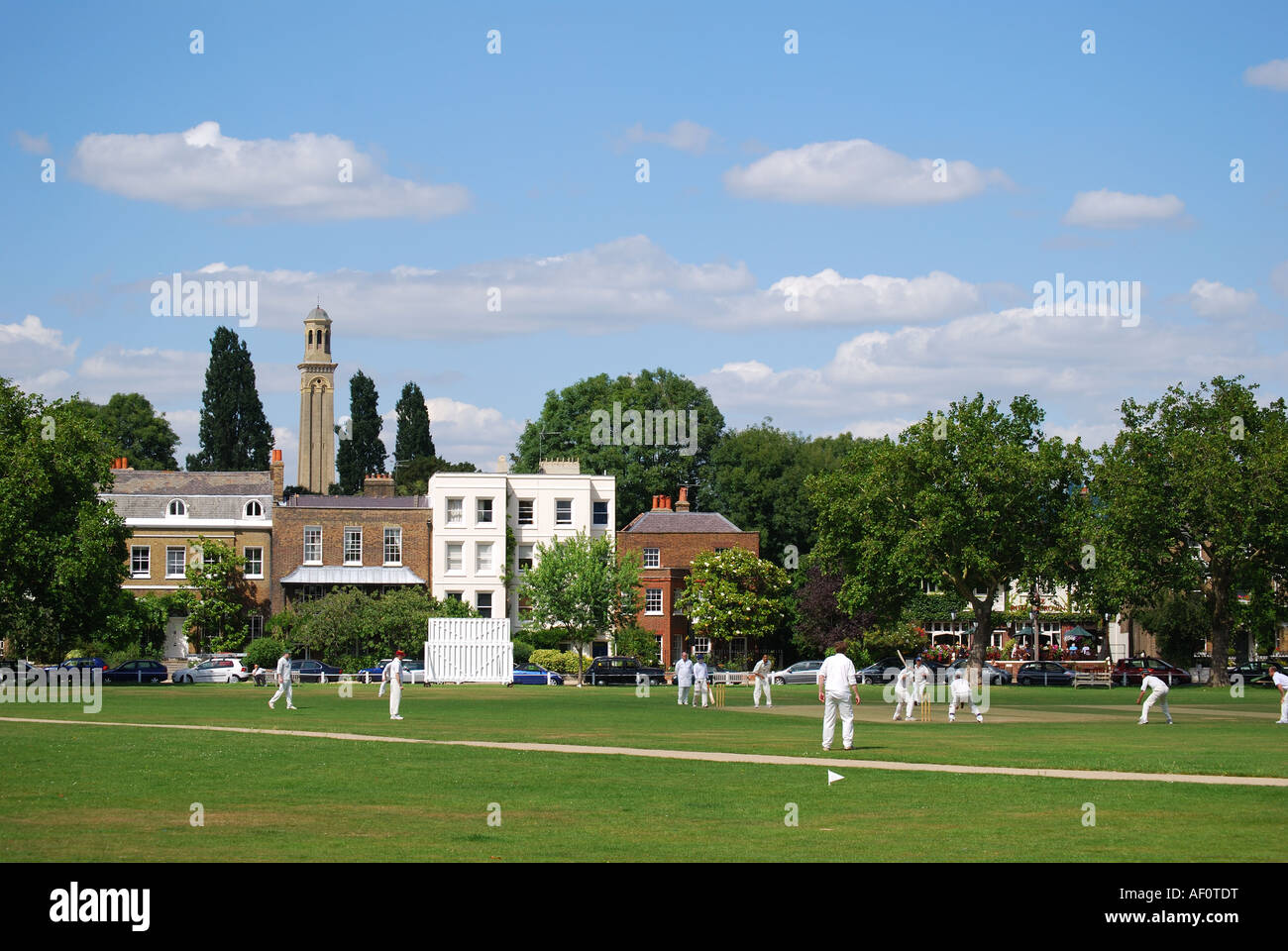 Cricket match on Kew Green, Kew, London Borough of Richmond upon Thames, Greater London, England, United Kingdom Stock Photo