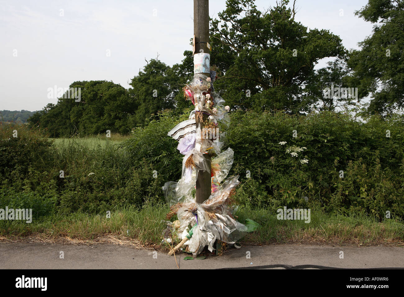 Unofficial roadside memorials to young people recently killed in road traffic accidents on British roads Stock Photo