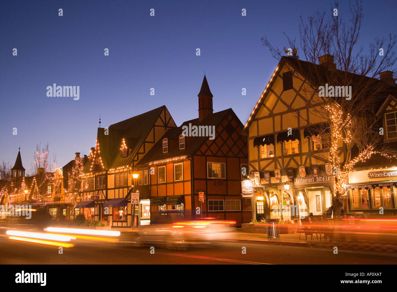 Christmas lights at dusk Solvang Santa Ynez Valley California Stock ...