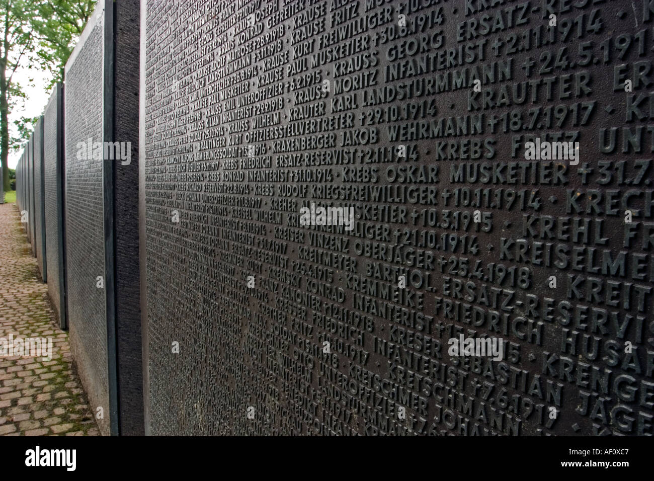 Wall of names of fallen German soldiers with no known grave - Langemarck German Military Cemetary Belgium Stock Photo