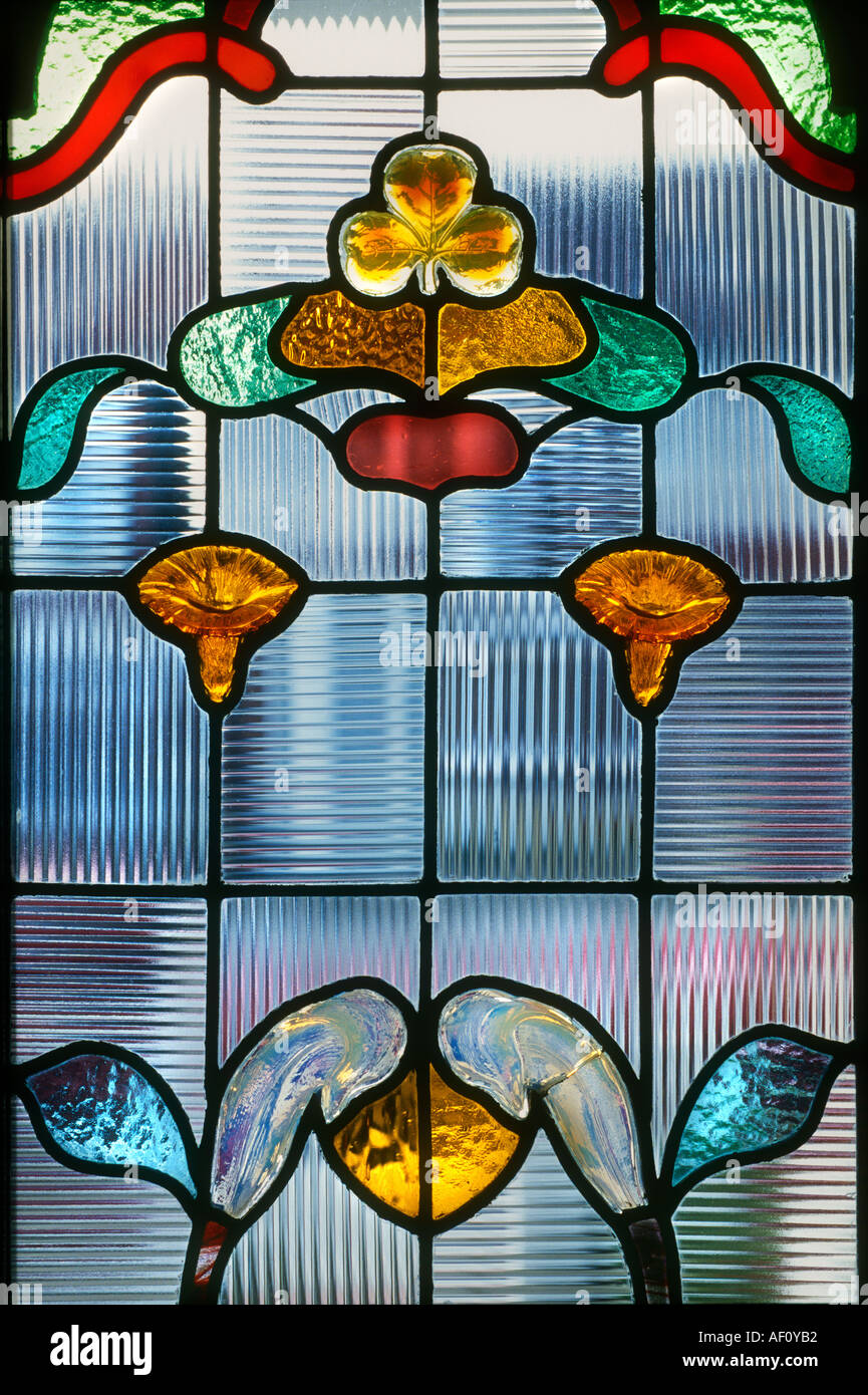 Close Up Front Door Panel Of Decorative Stained Glass In The Art Nouveau Style British Housing London Stock Photo Alamy