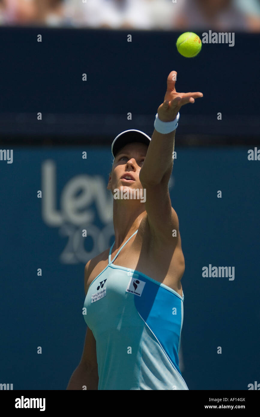 Russian WTA tennis star Elena Dementieva serves at the 2007 Acura Classic tennis tournament, La Costa California Stock Photo