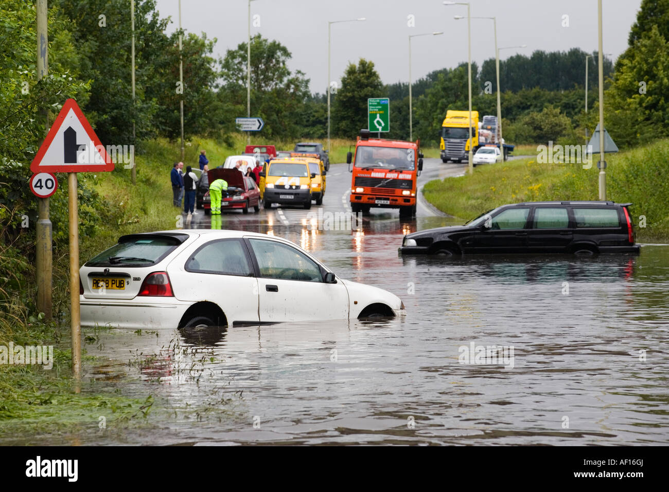 Flood waters & sunken car in Stroud during severe weather of June 2007, UK Stock Photo