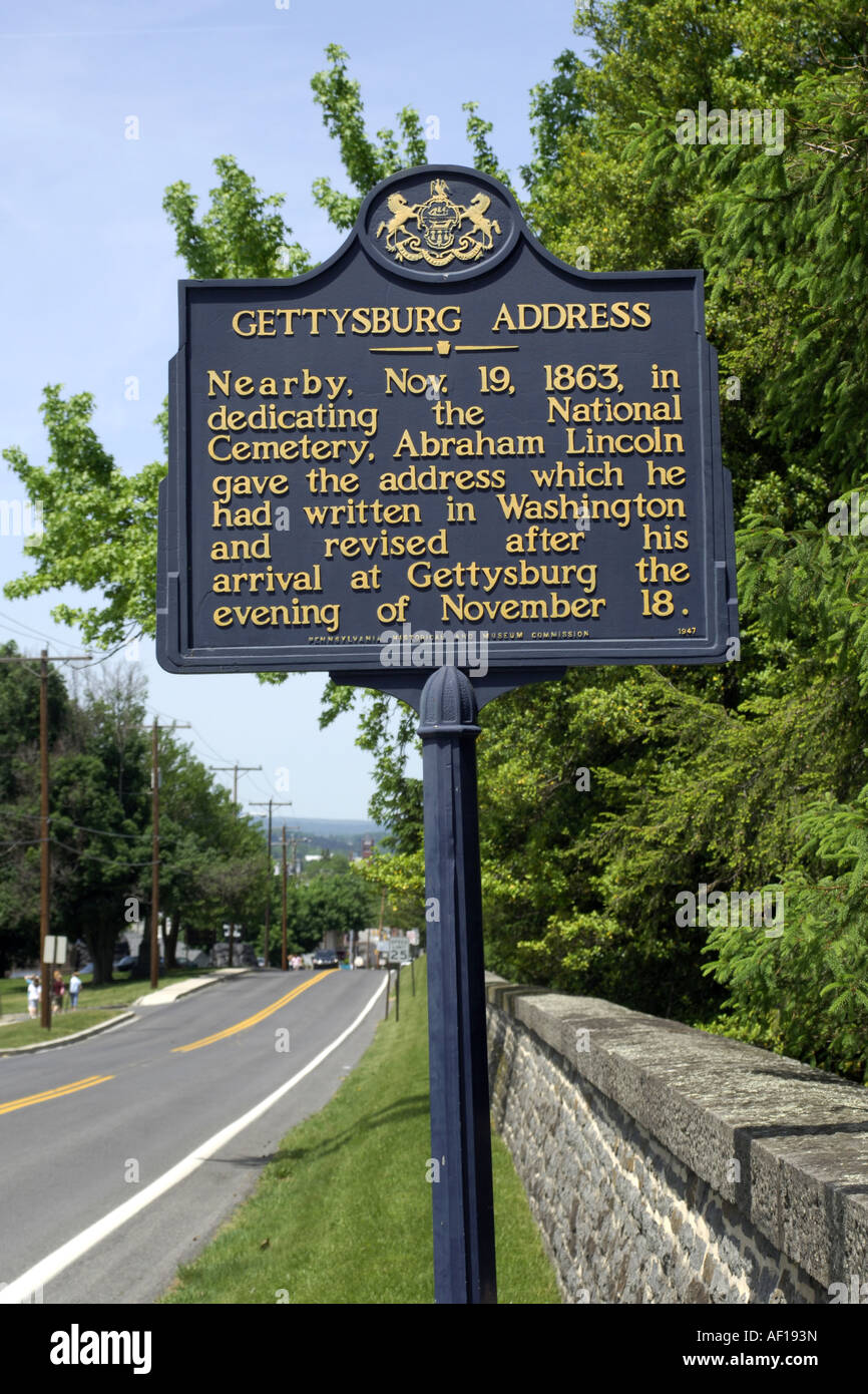 Historical sign about the Gettysburg Address in Gettysburg Pennsylvania