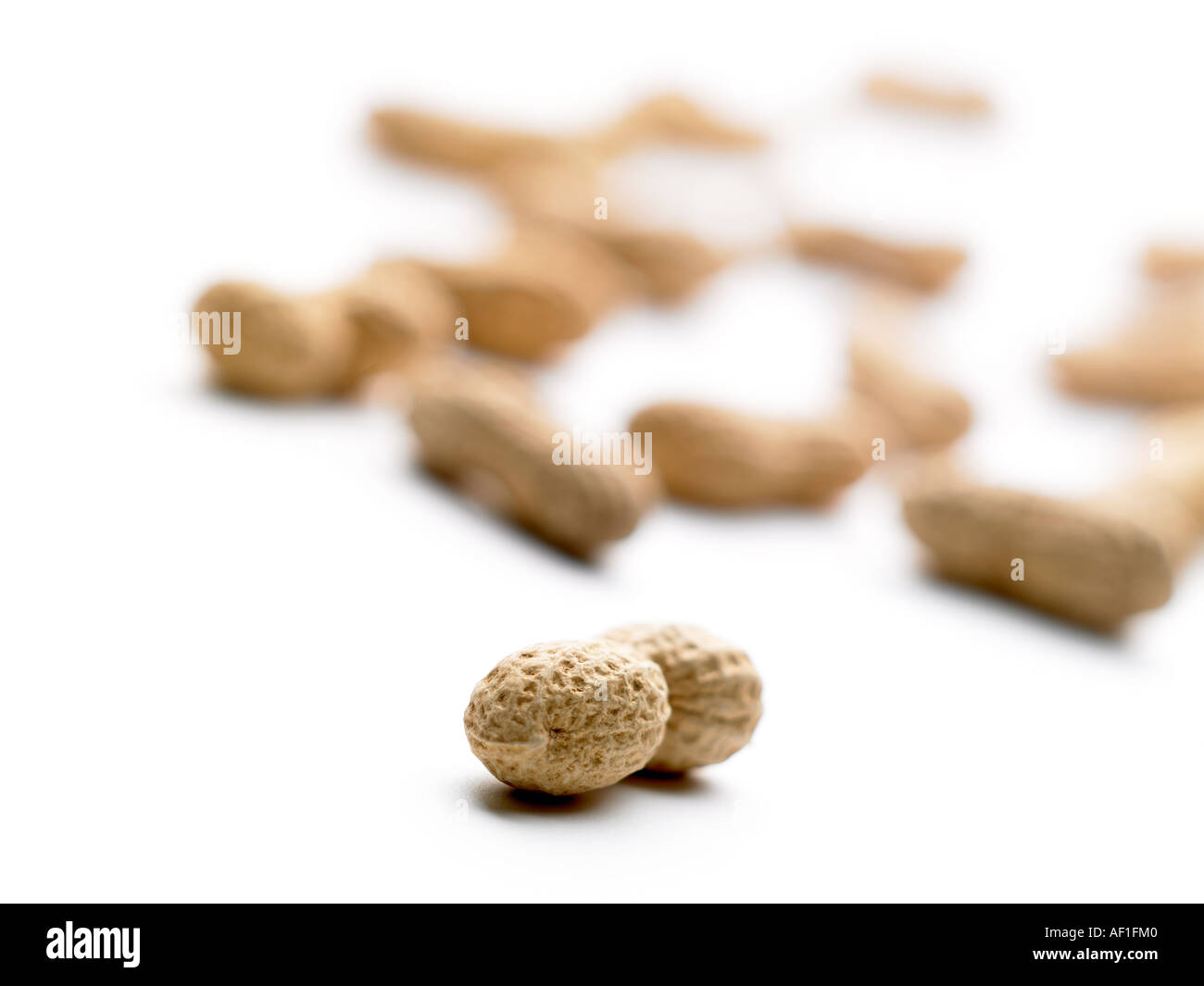 landscape shot of peanuts one in focus in foreground and some in background out of focus Stock Photo