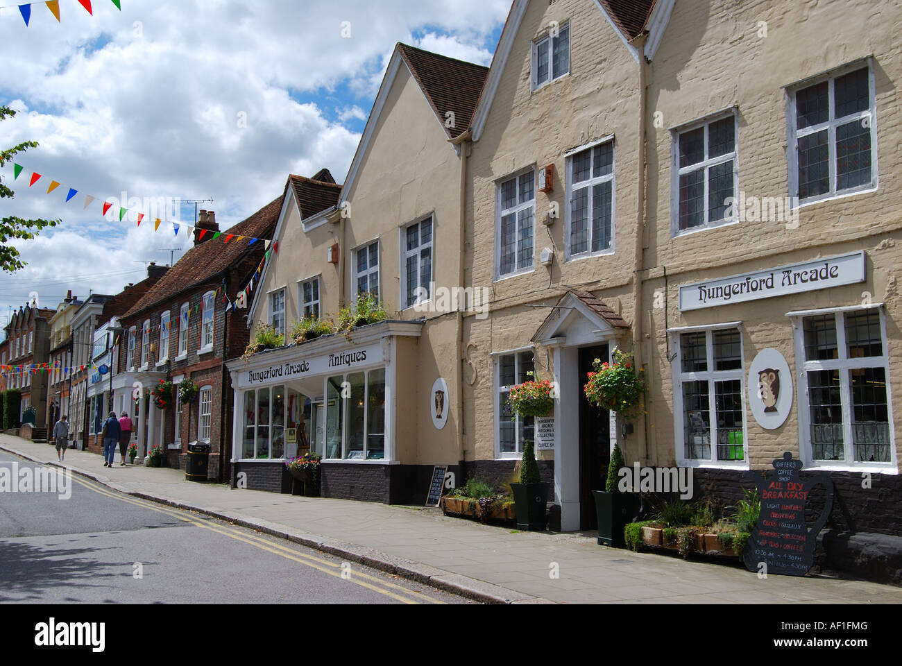 Period buildings and shops, High Street, Hungerford, Berkshire, England