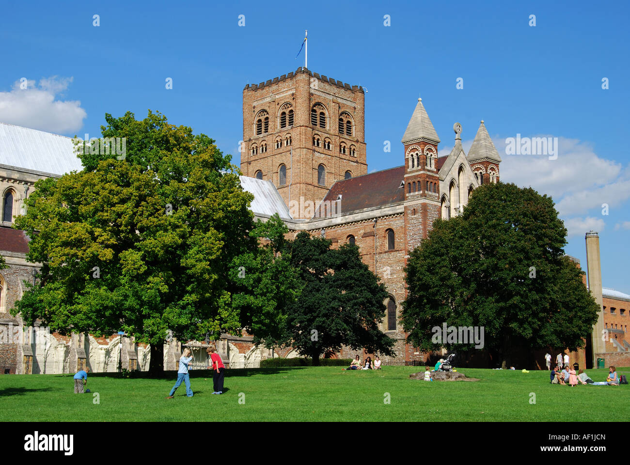 The Norman Cathedral & Abbey Church tower, St.Albans, Hertfordshire, England, United Kingdom Stock Photo