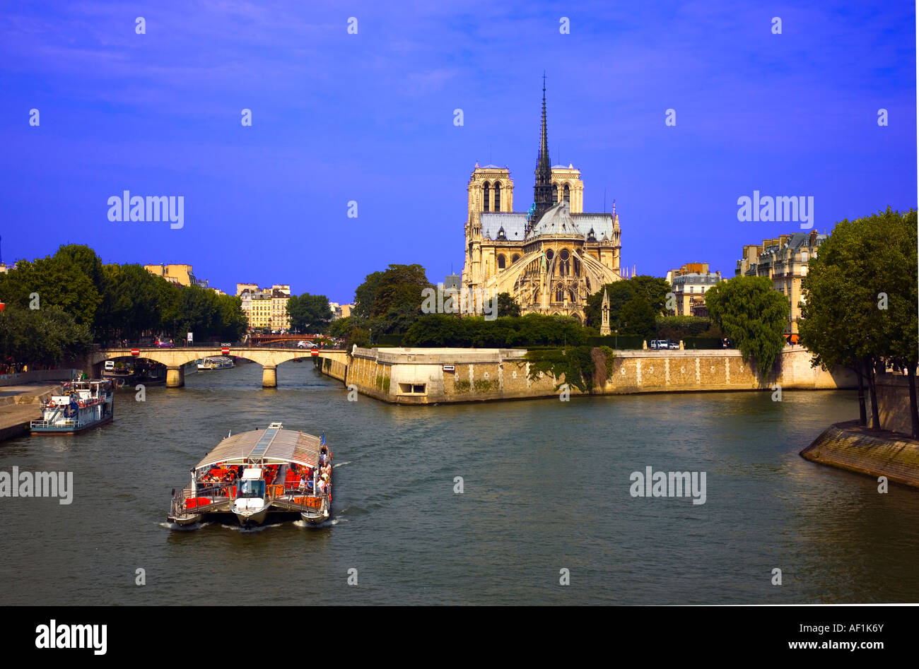View of Notre Dame Cathedral Paris and River Seine. Stock Photo