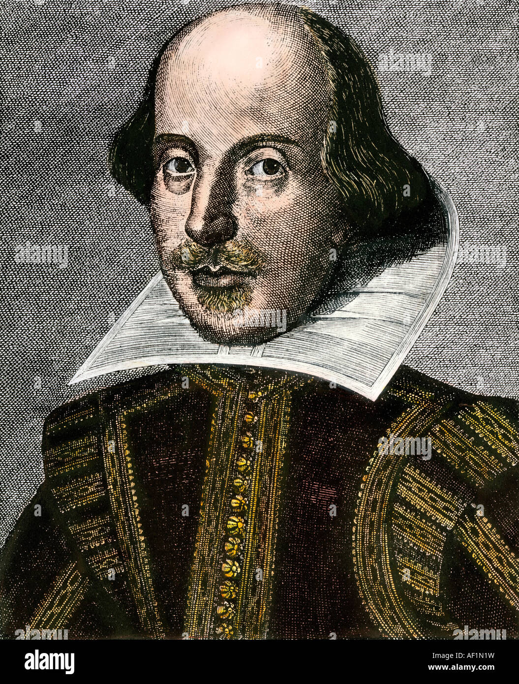 William Shakespeare portrait in the First Folio published 1623. Hand-colored woodcut Stock Photo