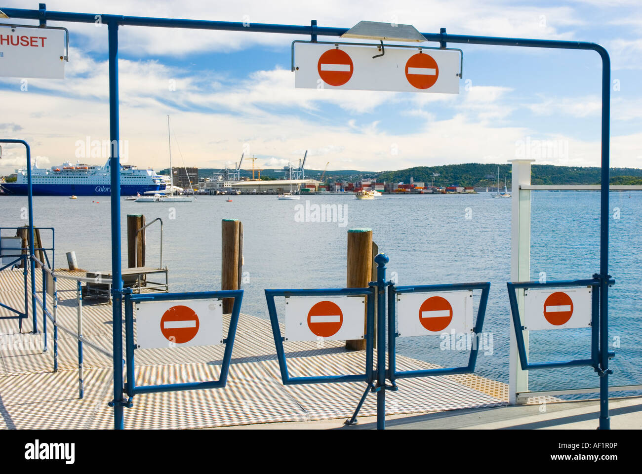 No entry signs on ferry pier, Oslo harbour Stock Photo