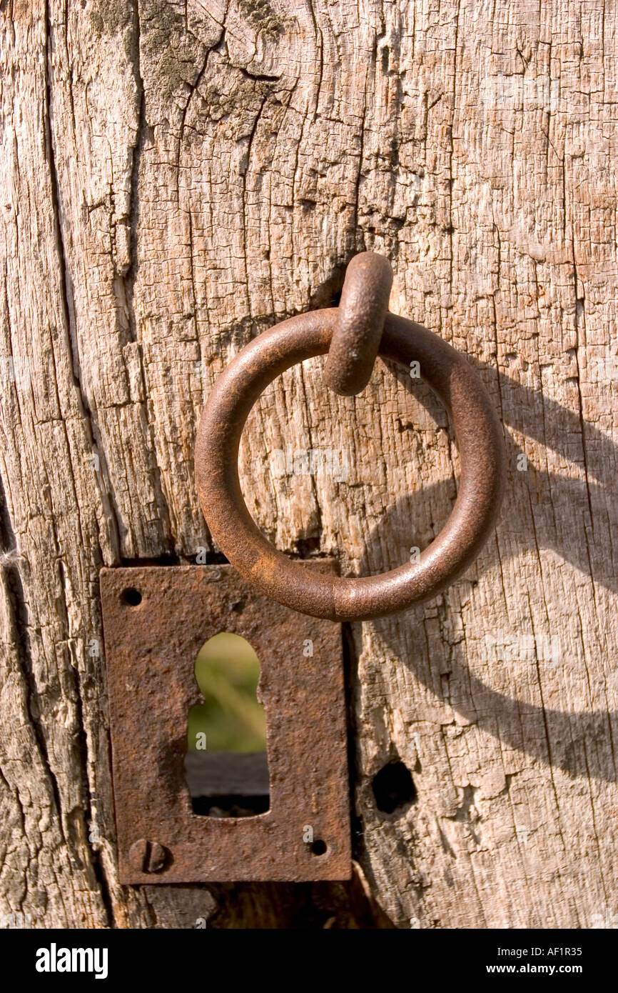 Very old metal lock on a wooden door Stock Photo - Alamy