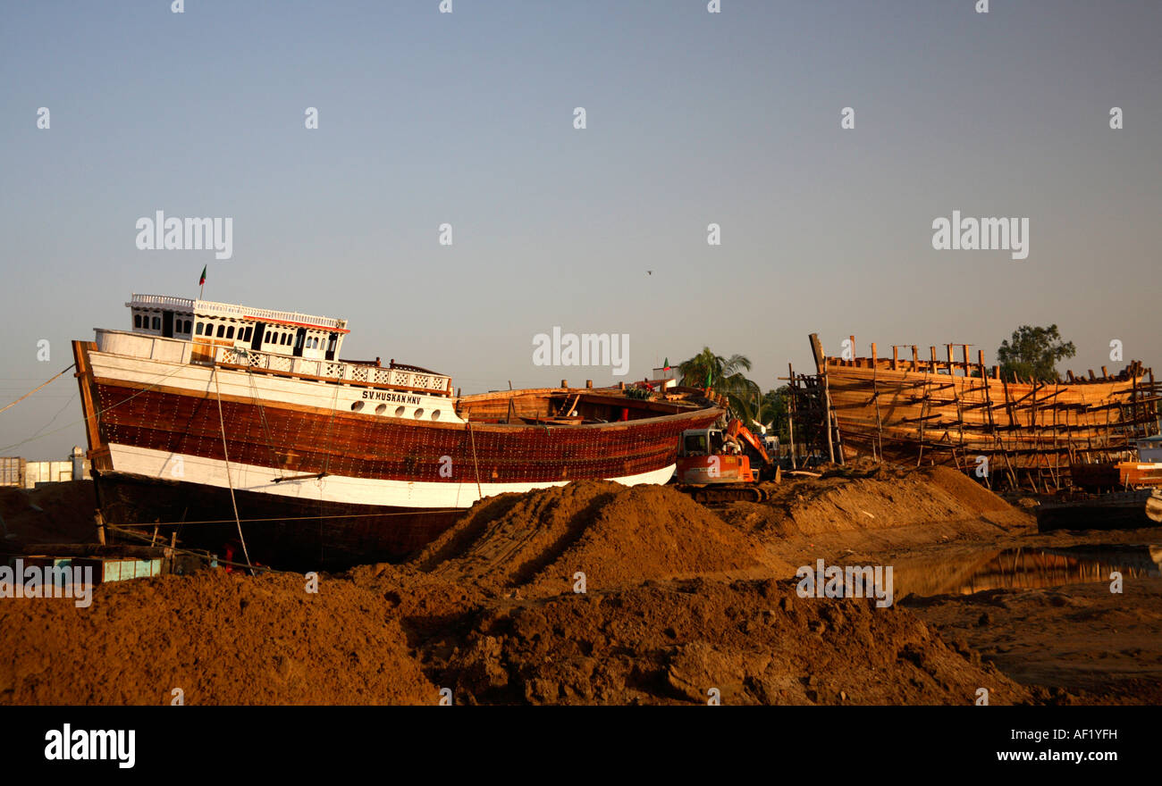Boats on dry ground at wooden shipbuilding yard, Mandvi, Kutch, Gujarat