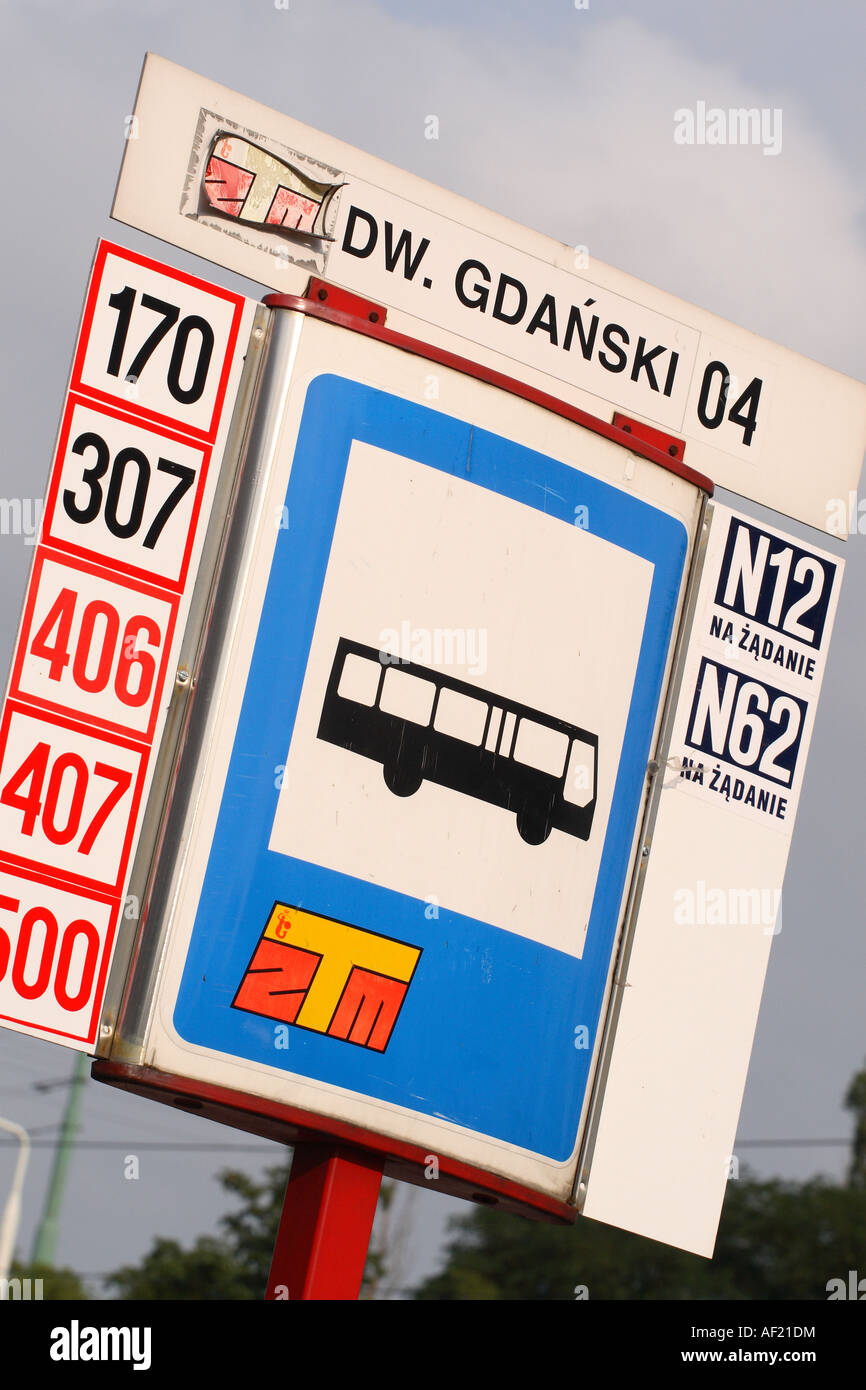 Warsaw Poland public transport bus stop sign with bus route numbers Stock  Photo - Alamy
