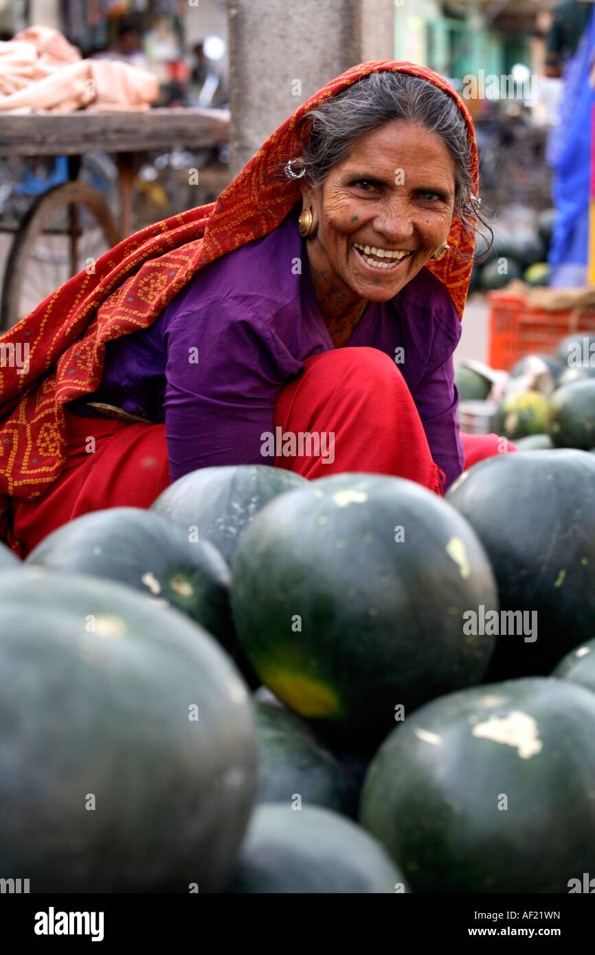 Rabari Tribe female selling melons, Una, Gujarat, India Stock Photo